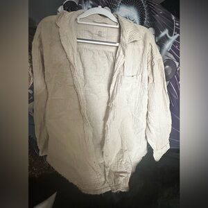 Aerie Light Beige Textured Button Up Shirt Oversized NWOT Swim Cover Up